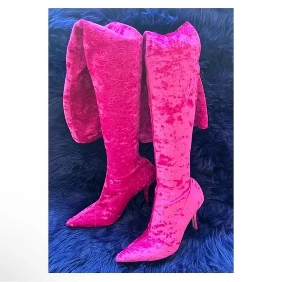 Paris Texas “Mama” Crushed Velvet Over-the-Knee Boots in Hot Pink - Picture 9 of 14